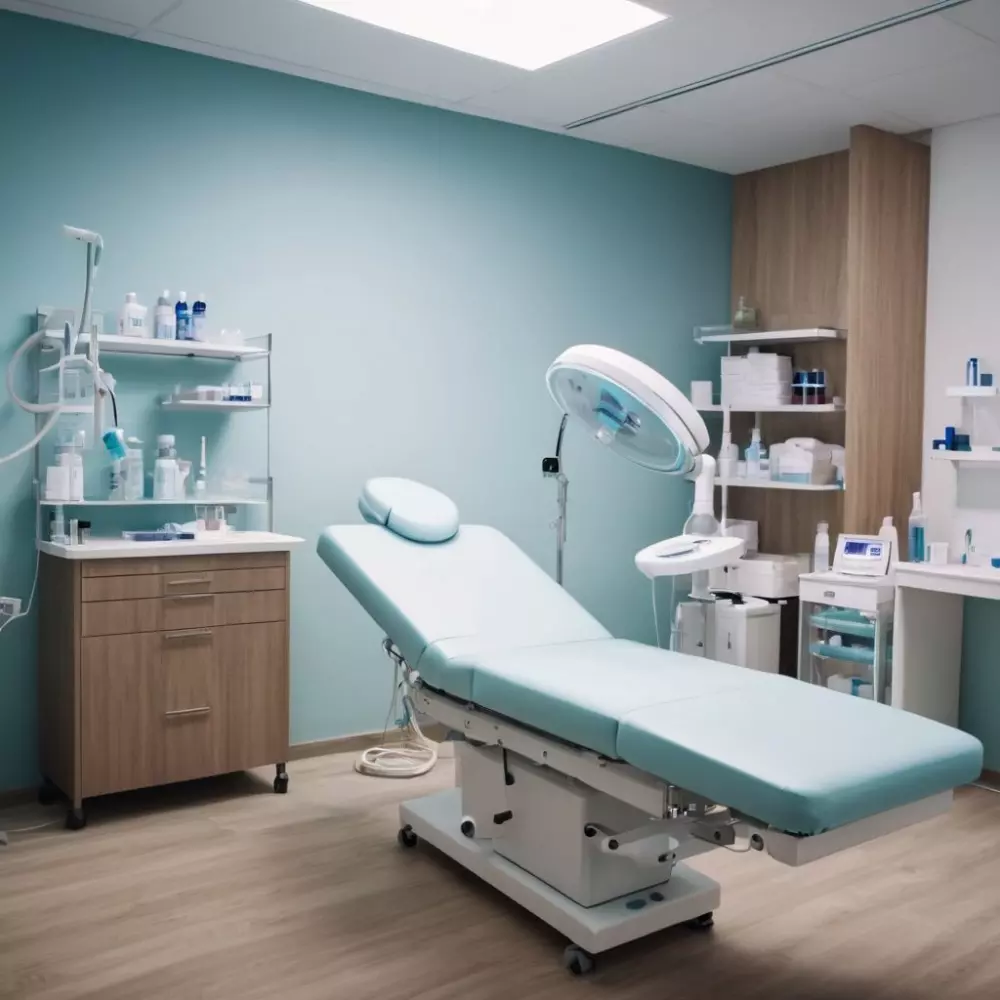 Área de preparación para mesoterapia con suministros médicos y un paciente consultando con un especialista, ambiente bien iluminado y limpio, estilo fotográfico, fotografía detallada de una sesión de preparación en un entorno clínico.