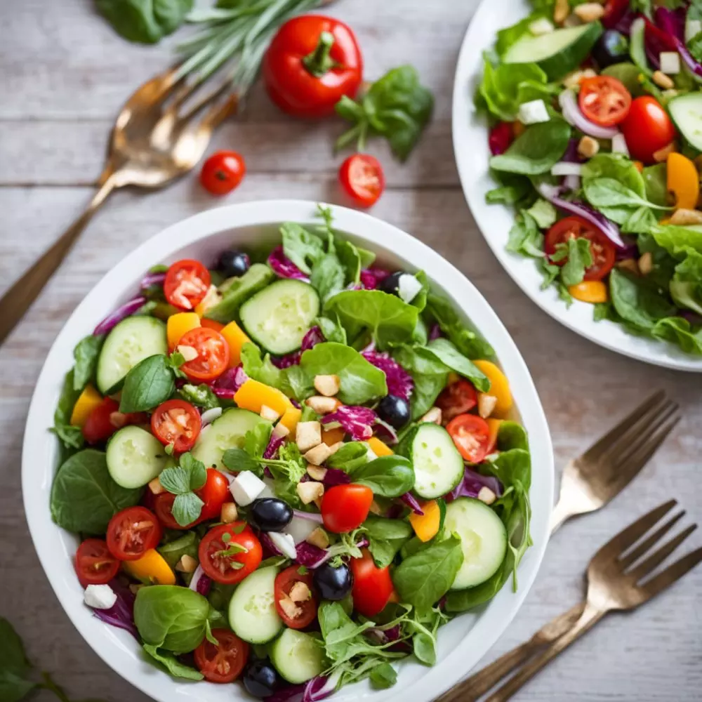 Frischer, bunter Salat reich an Gemüse, der auf eine gesunde Ernährung hinweist, fotografiert im hellen Tageslicht, mit Fokus auf Frische und Farben.