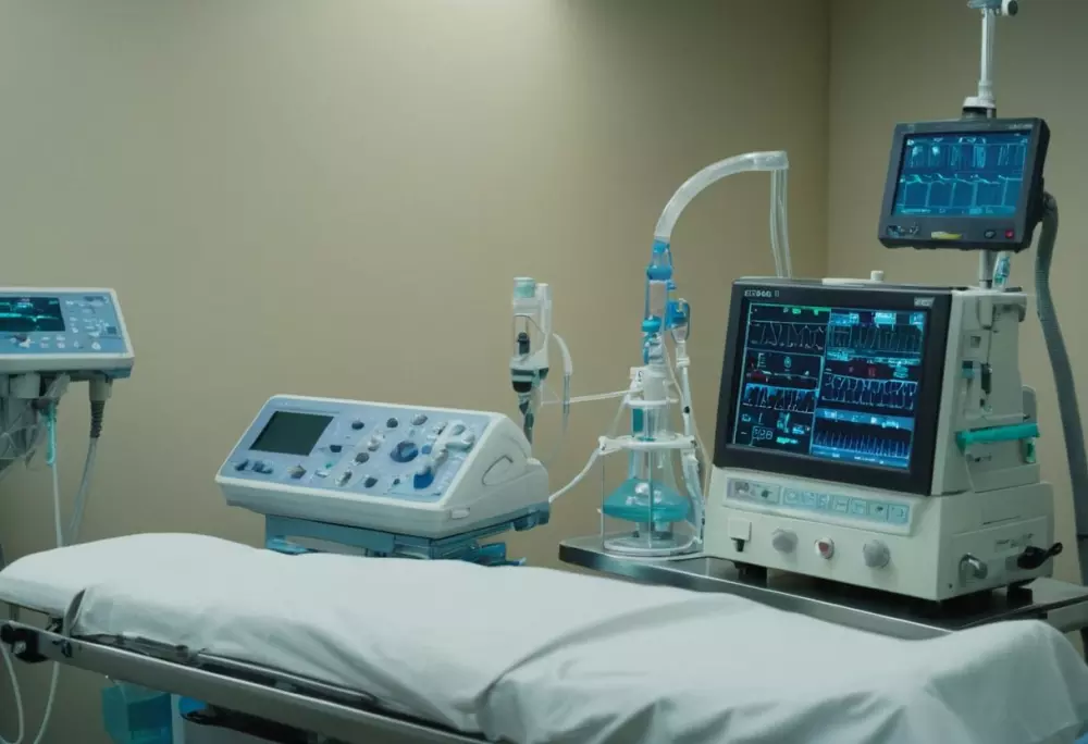 Variado equipo de anestesia exhibido en una mesa médica limpia en una sala de operaciones bien iluminada, fotografía con enfoque nítido y alta resolución.