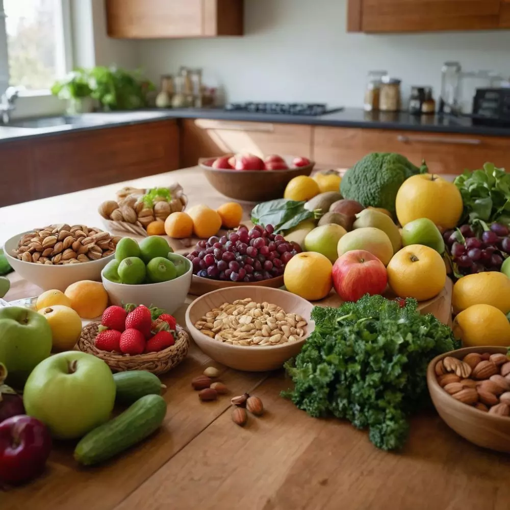 Verschiedene gesunde Lebensmittel wie Obst, Gemüse und Nüsse, die kunstvoll auf einem Holztisch angeordnet sind, in einer gut beleuchteten Küchenumgebung, die frisch und nahrhaft wirkt. Fotografisch festgehalten mit einem Weitwinkelobjektiv, um eine Vielzahl von Lebensmitteln in einer lebendigen Umgebung einzubeziehen.
