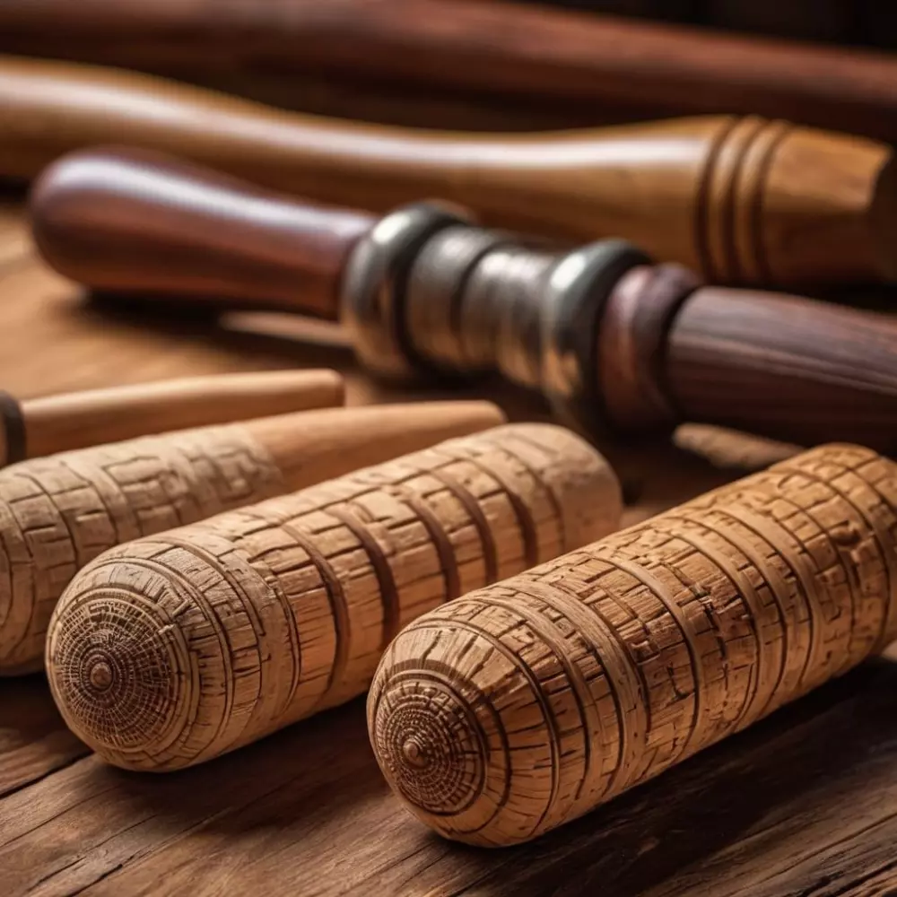 Nahaufnahme traditioneller hölzerner Maderotherapie-Werkzeuge auf einer strukturierten Holzoberfläche, mit weichem, natürlichem Licht. Fotografische, hochdetaillierte Aufnahme, die die Textur und die natürliche Holzmaserung zeigt.