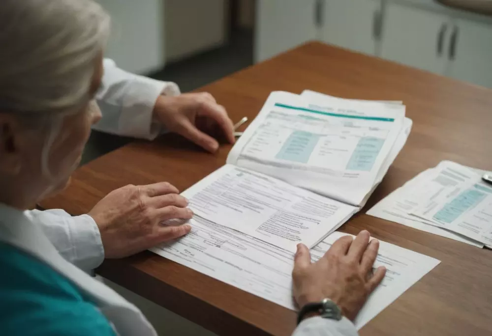 Preparación previa a la cirugía, una persona revisando planes dietéticos y documentos médicos en una mesa, en un espacio interior con iluminación suave y natural. Fotografía con enfoque en los documentos y una expresión reflexiva.