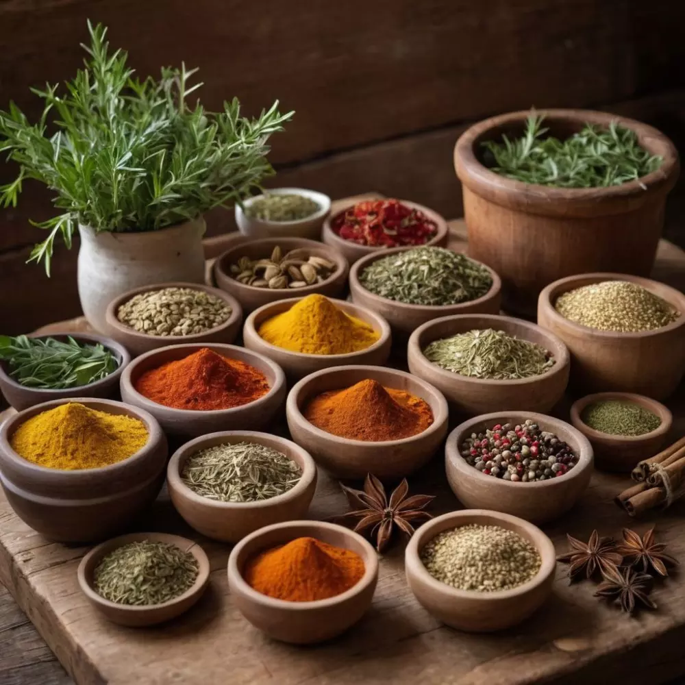 Eine Auswahl von natürlichen Kräutern und Gewürzen auf einem Holztisch, mit Fokus auf Textur und natürlichen Farben, in einer rustikalen Kücheneinstellung, die Atmosphäre ist erdig und organisch, fotografisch umgesetzt mit natürlichem Licht, um die rohen Texturen zu betonen.