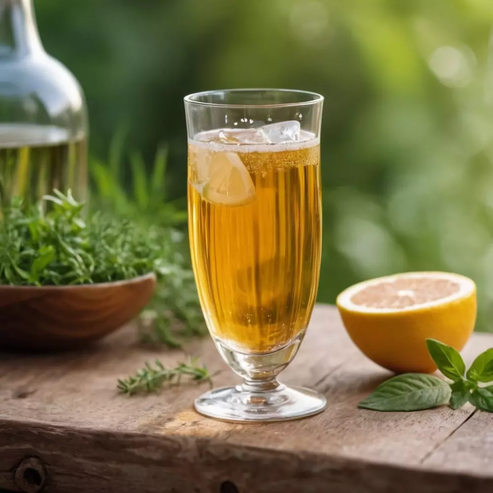 Una copa de una bebida homeopática clara y burbujeante en una mesa de madera, rodeada de hierbas e ingredientes naturales, a la luz del día. Fotografía tomada en primer plano con luz natural y un fondo de bokeh para resaltar la bebida y su atractivo natural.