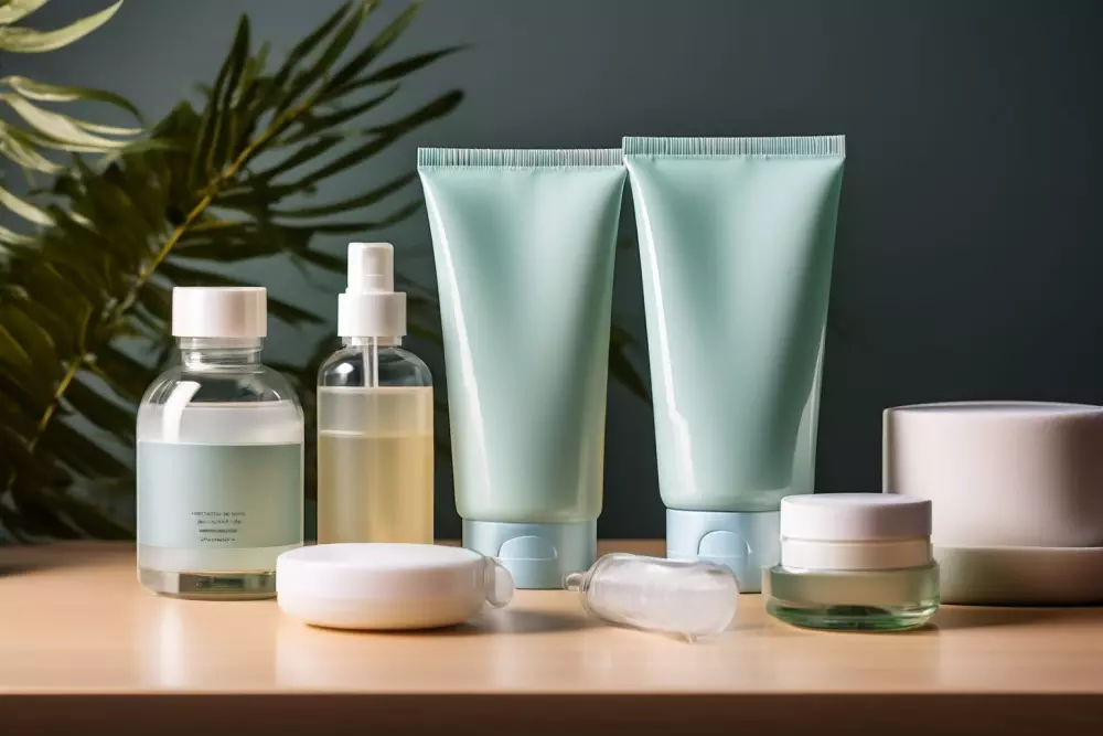 Eine Reihe von Pflegeprodukten zur Nachsorge bei der Liposuktion auf einem sauberen Tisch, in einer ruhigen und beruhigenden Umgebung, fotografisch festgehalten mit einer mittleren Aufnahme, hoher Auflösung, detailliert und mit weichem Licht ausgeleuchtet.