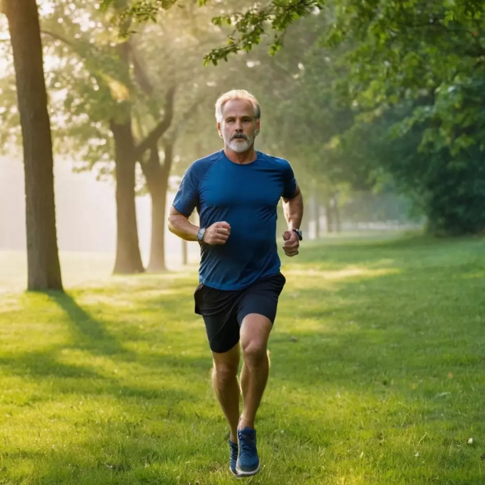 Ein aktiver mittelalter Mann joggt in einem Park und zeigt einen gesunden Lebensstil, um dem Bierbauch entgegenzuwirken. Fotografiert im Stil der Fotografie mit einem Weitwinkelobjektiv, um die üppig grüne Umgebung einzufangen, während das frühe Morgenlicht scheint.