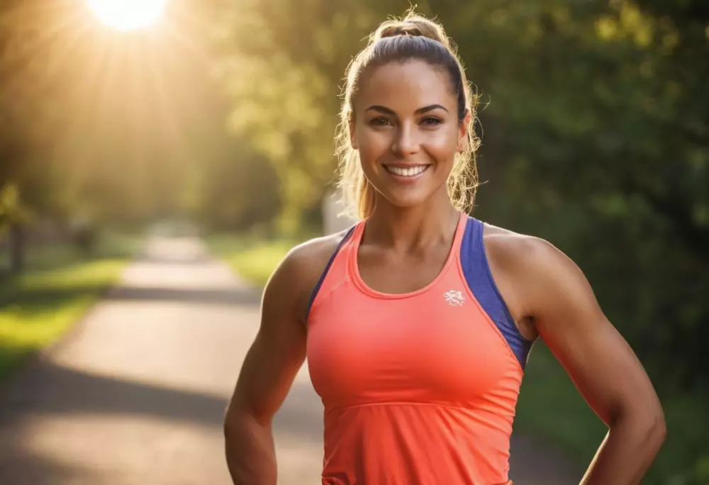 Porträt einer lächelnden, selbstbewussten Person in Fitnessbekleidung, im Freien, bei natürlichem Sonnenlicht, aufgenommen im fotografischen Stil mit einer DSLR-Kamera.