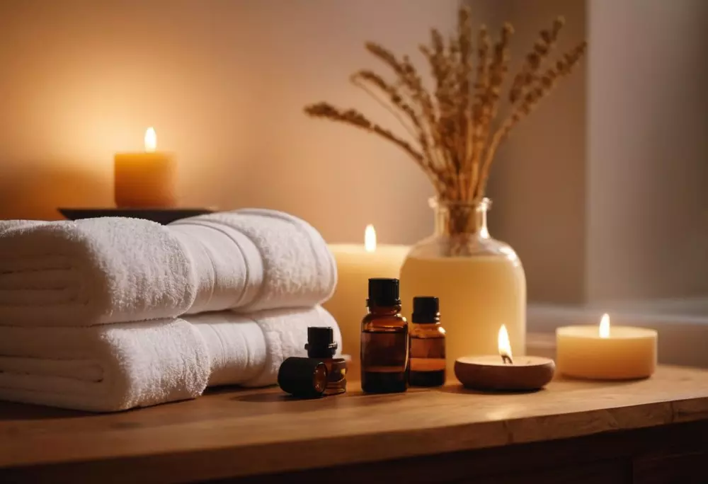 Beruhigendes Spa-Setting mit ätherischen Ölen und Handtüchern, das eine ruhige Behandlungsumgebung nahelegt, fotografisch festgehalten, mit sanfter Beleuchtung und einer mittleren Einstellung.
