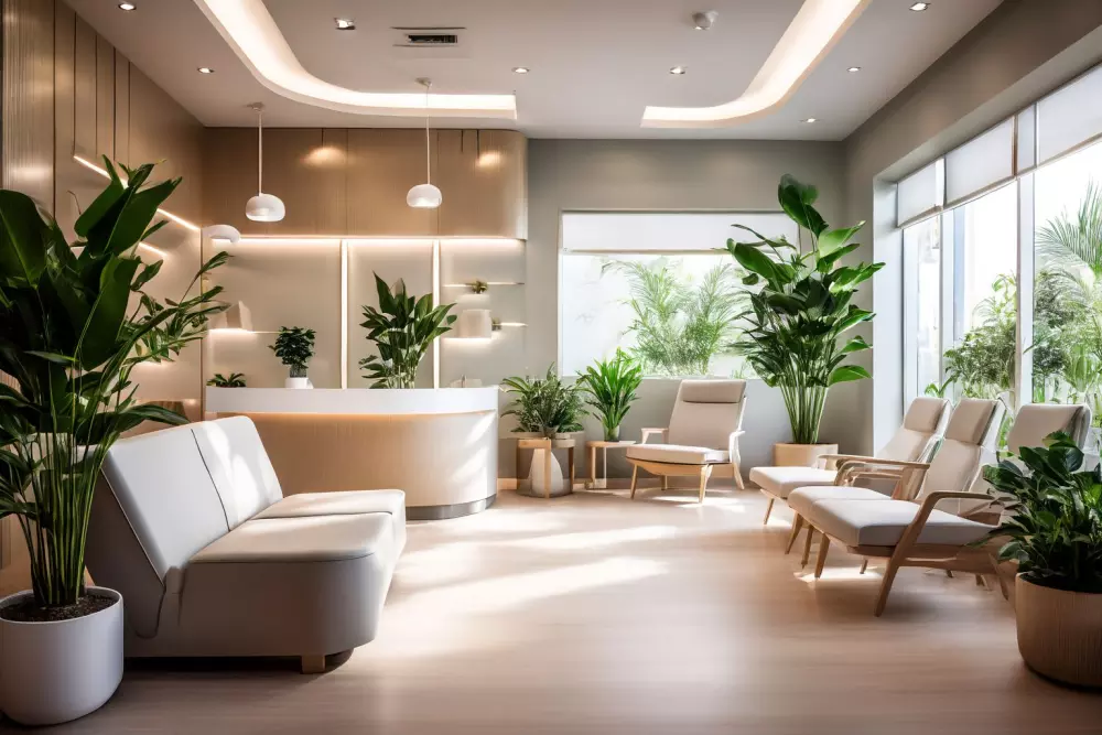 Interior de clínica moderna y acogedora que muestra una cómoda área de espera con plantas y una iluminación suave. Fotografías profesionales de un entorno clínico médico acogedor con alta resolución y una iluminación ambiental suave.