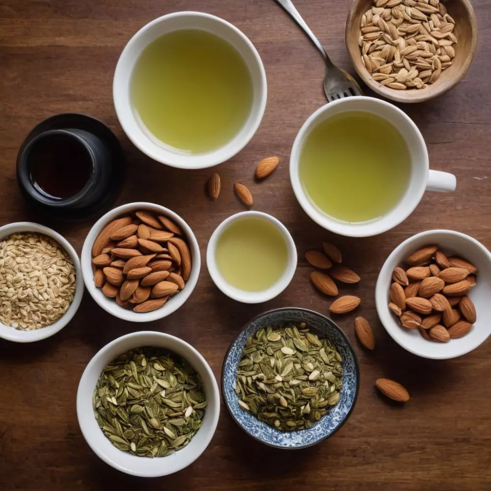Eine Auswahl gesunder Lebensmittel wie Mandeln, grüner Tee und Vollkornprodukte, ästhetisch auf einem Holztisch arrangiert, im natürlichen Licht eingefangen, fotografisch dargestellt, detailliert mit einem Weitwinkelobjektiv, um eine Vielzahl von Texturen und Farben einzubeziehen.