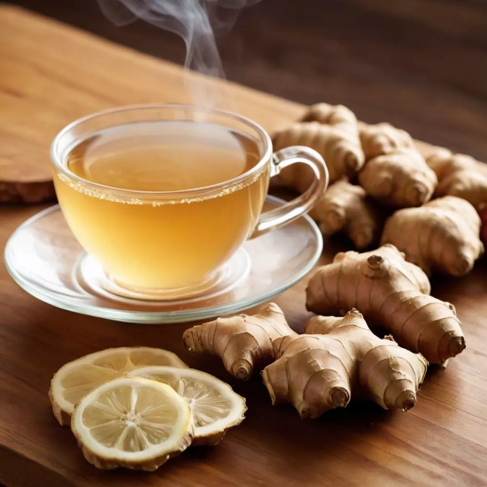 Una taza de té de jengibre con rodajas de jengibre fresco al lado, con vapor ascendente, colocada en una mesa de madera con un fondo de luz cálida y acogedora. Fotográficamente, con un primer plano para resaltar la textura del jengibre y la calidez del té.