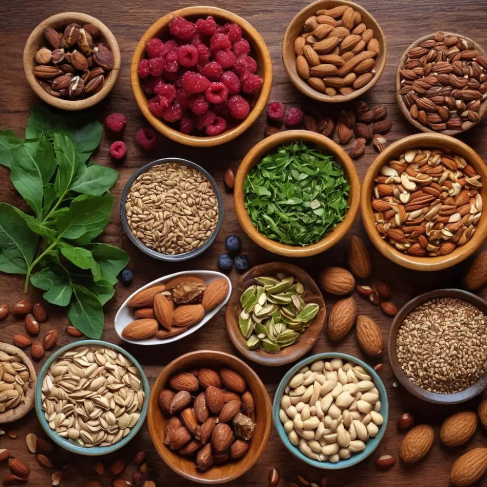 Ein Array natürlicher Zutaten wie Samen, Nüsse, Beeren und Grünzeug auf einer hölzernen Oberfläche ausgebreitet, die Komposition ist bunt und ansprechend. Fotografisch, hochauflösend, detaillierte Aufnahme mit natürlichem Licht.