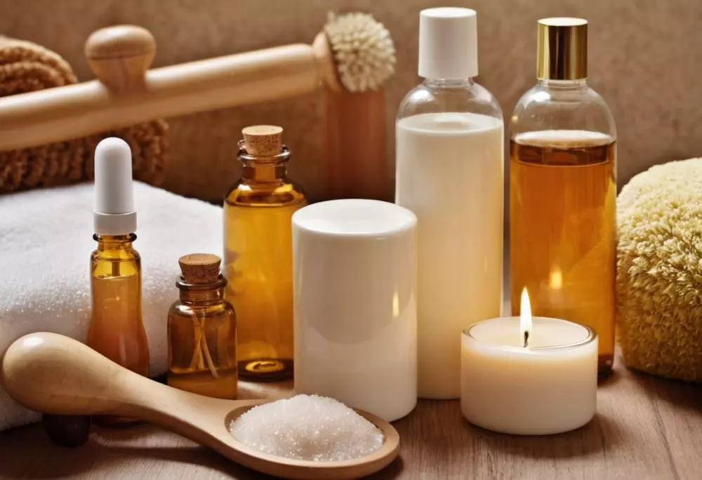 Variedad de herramientas para el tratamiento de la celulitis como un rodillo de masaje, cremas y un entorno de spa médico, todas las herramientas mostradas de manera organizada. Estilo fotográfico, tomado con una cámara digital de alta resolución, iluminación de estudio para resaltar las herramientas.