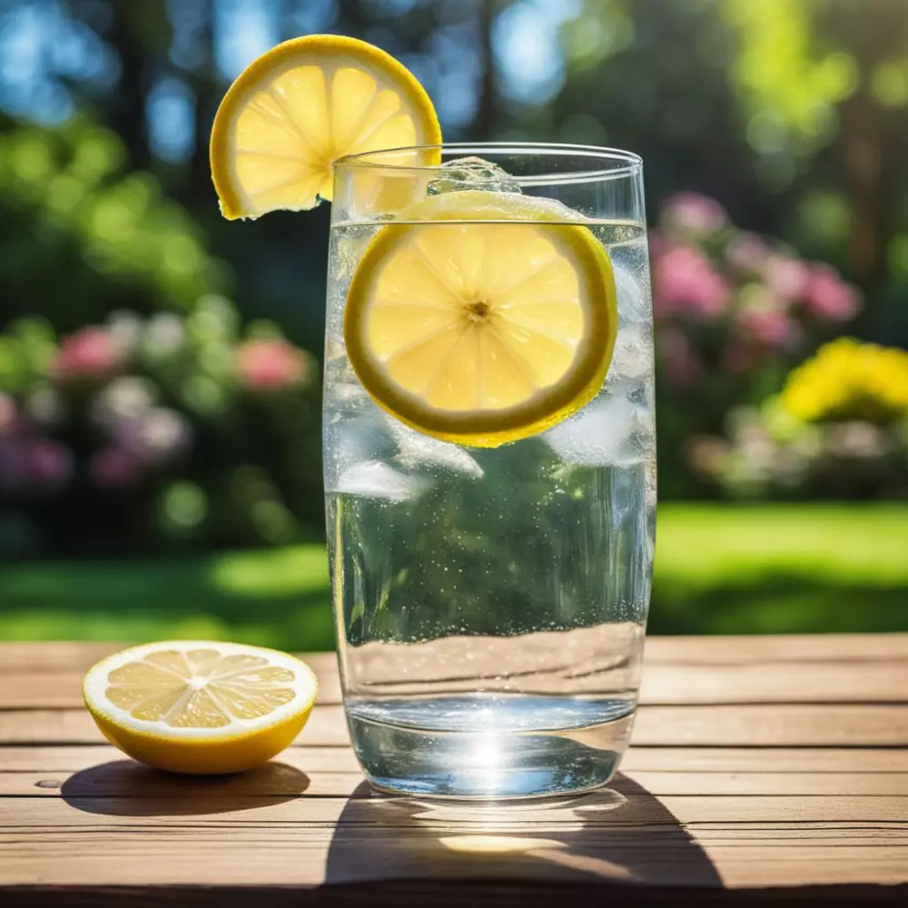 Ein klares Glas Wasser mit einer Scheibe Zitrone auf einem Holztisch, mit einem sonnigen Garten im Hintergrund, verkörpert Frische in einem hochauflösenden Nahaufnahme-Foto.