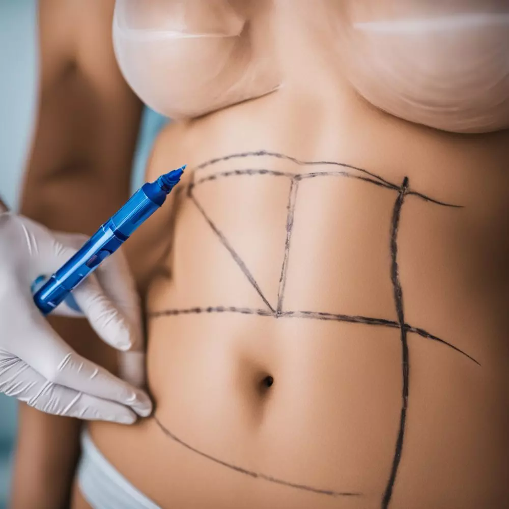 Close-up of a doctor marking areas on a patient's body with a marker for liposuction surgery, in a clean and professional clinic environment.