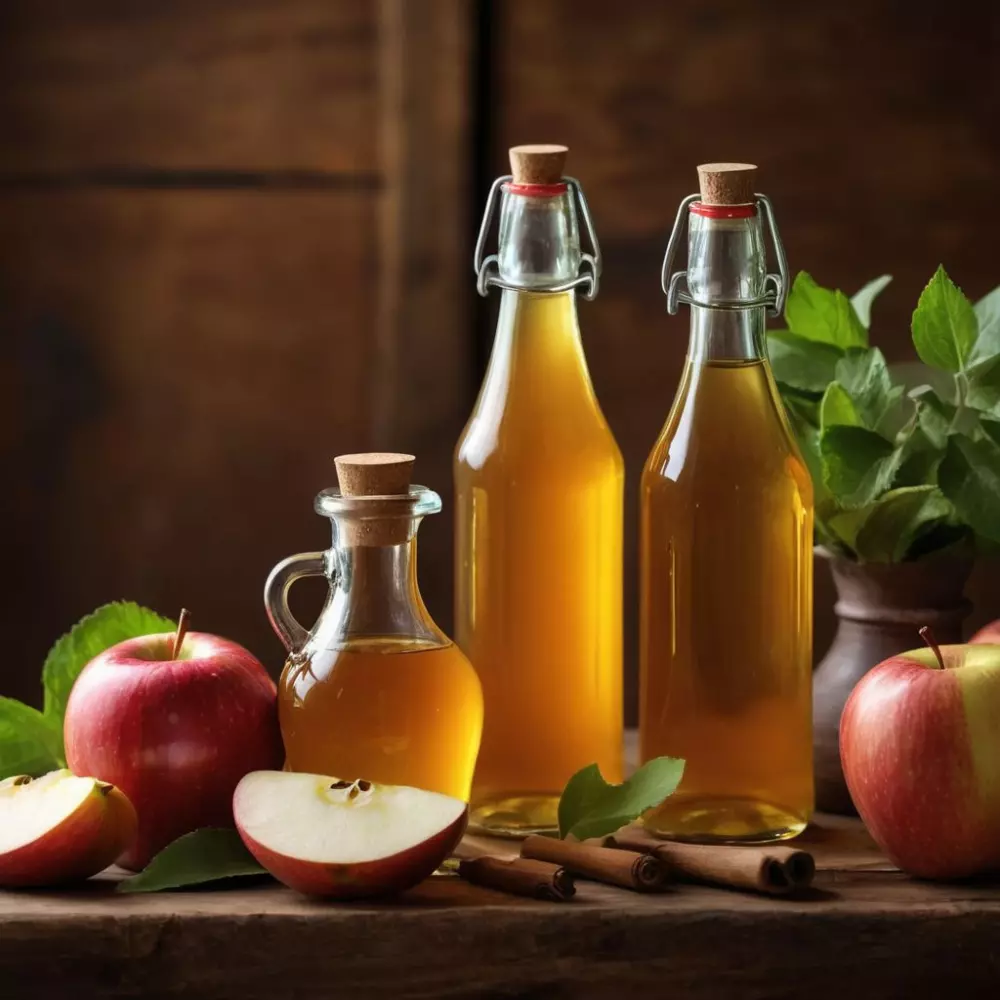 Verschiedene Flaschen Apfelessig neben frischen Zutaten auf einem hölzernen Küchentisch, stimmungsvolle Beleuchtung schafft eine warme Atmosphäre, fotografiert in hoher Auflösung mit Fokus auf Details.