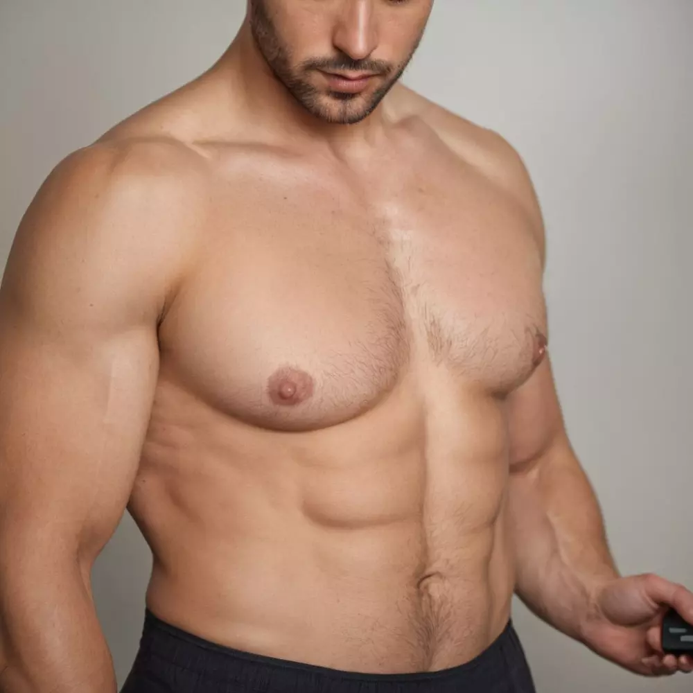 Ein digitales Körperfettmessgerät wird in einem klinischen Umfeld verwendet, wobei eine Hand es gegen einen menschlichen Torso hält. Es handelt sich um ein fotografisches Nahaufnahme-Bild mit weicher klinischer Beleuchtung.