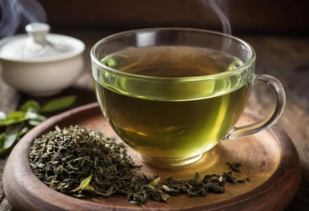 Eine Tasse dampfender grüner Tee auf einem rustikalen Holztisch, umgeben von losen Teeblättern, warme und einladende Atmosphäre, fotografischer Stil, Nahaufnahme mit einem Makroobjektiv bei natürlichem Licht.
