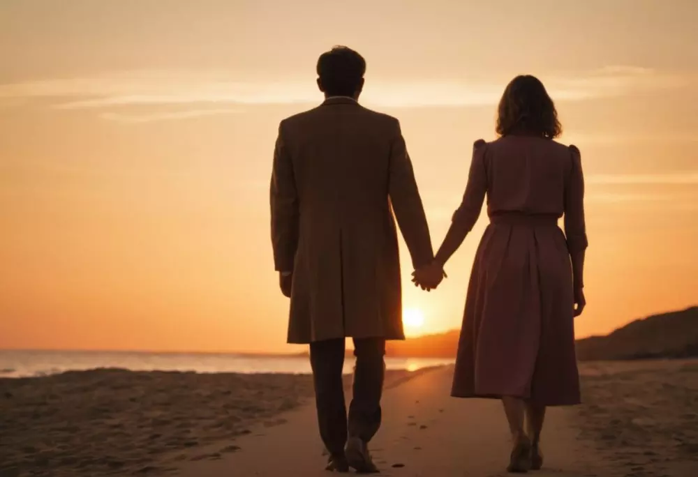 Back view of two people holding hands facing the horizon, at sunset, in a photographic style symbolizing hope and companionship.