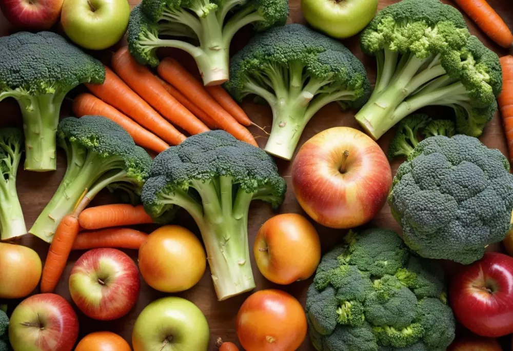 Una selección de alimentos bajos en calorías y ricos en nutrientes como brócoli, zanahorias y manzanas exhibidos artísticamente sobre un fondo blanco, enfatizando su aspecto fresco y natural. Estilo fotográfico realizado a través de fotografía de primer plano de alta resolución con iluminación natural suave.