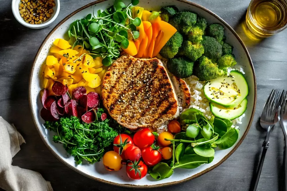 Ausgewogene Mahlzeit auf einem Teller mit Unterteilungen für Proteine, Kohlenhydrate und Gemüse, in einer gut beleuchteten Essumgebung. Fotografie, Aufnahme von oben mit klarer Sicht auf die Essensbereiche und natürlichem Licht.