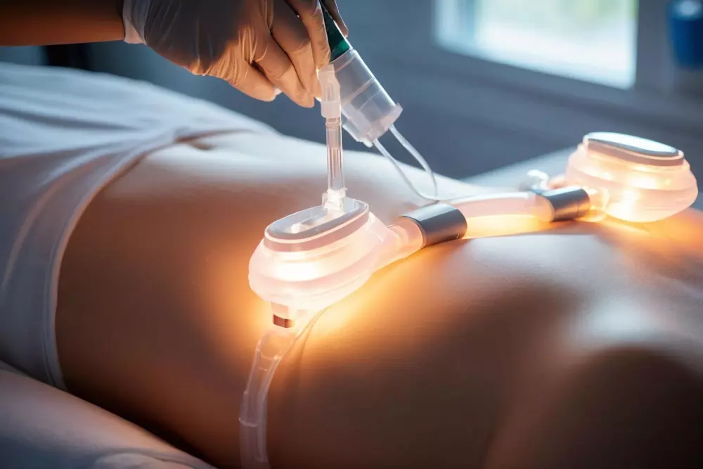 Close-up of a non-surgical liposuction device being used on skin, calm environment, soft lighting.