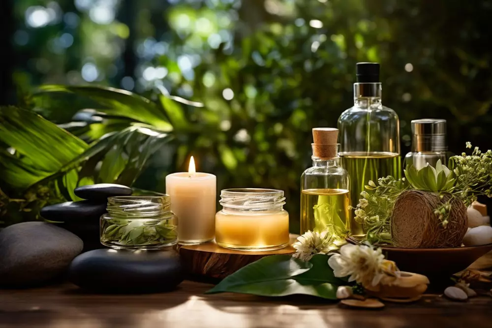 Variedad de productos naturales para el cuidado de la piel en un entorno tranquilo tipo spa, iluminación ambiental suave, fotografía detallada con lente macro.