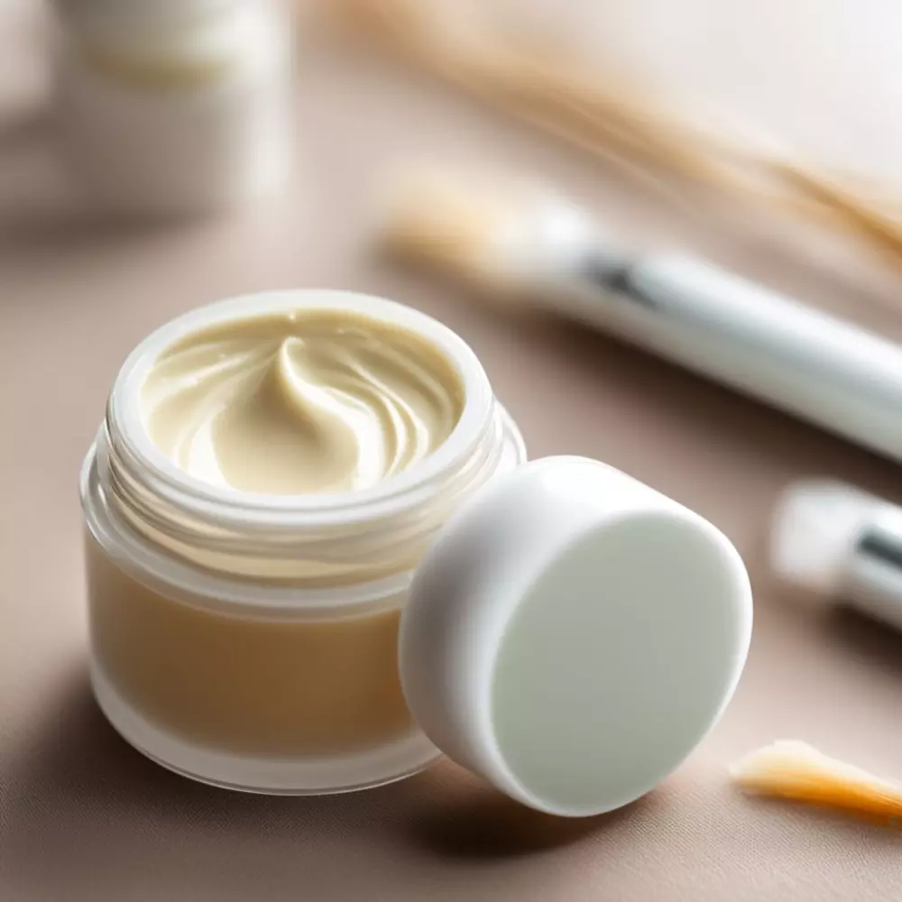 Close-up of scar treatment cream on a clean surface, focus on healing and care, indoors with soft light, Photographic, with a shallow depth of field and high detail.