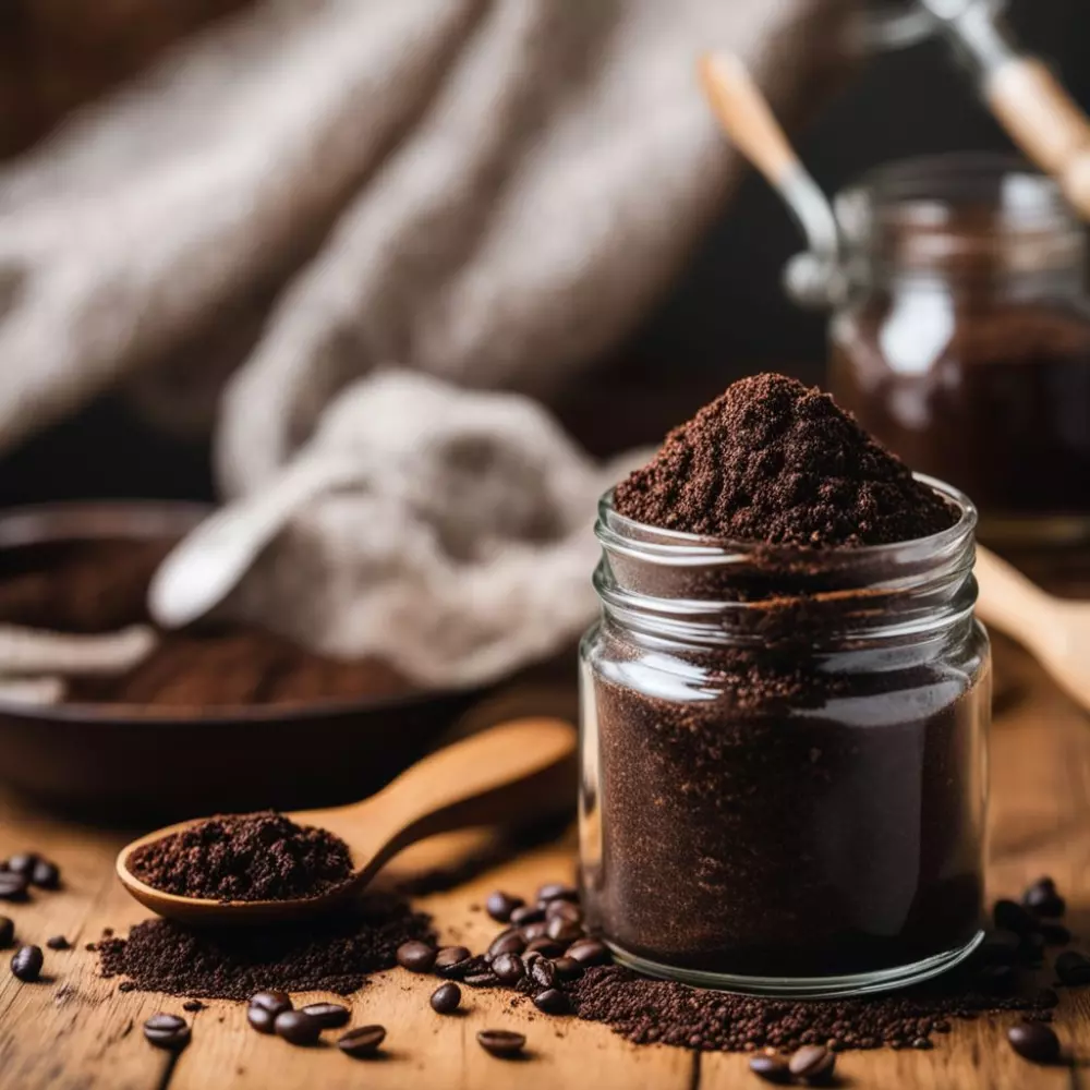 Selbstgemachtes Kaffee-Peeling in einem Glas neben lose Kaffeepulver und einem Naturpinsel auf einer Holzoberfläche, umweltfreundlich und organisch, ästhetisch. Fotografie mit einem mittleren Teleobjektiv, warmem Umgebungslicht und hoher Detailauflösung.
