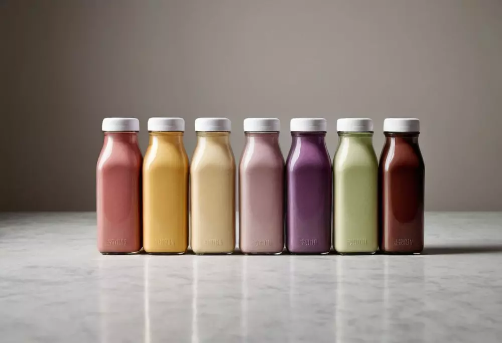 Eine Auswahl von nicht markierten Diät-Shake-Flaschen in einer Reihe, jede gefüllt mit unterschiedlich farbigen Shakes, angeordnet vor einem sauberen, neutralen Hintergrund, unter sanftem Studiolicht, eingefangen in einem hochauflösenden Fotografiestil, der die Vielfalt der Optionen betont.