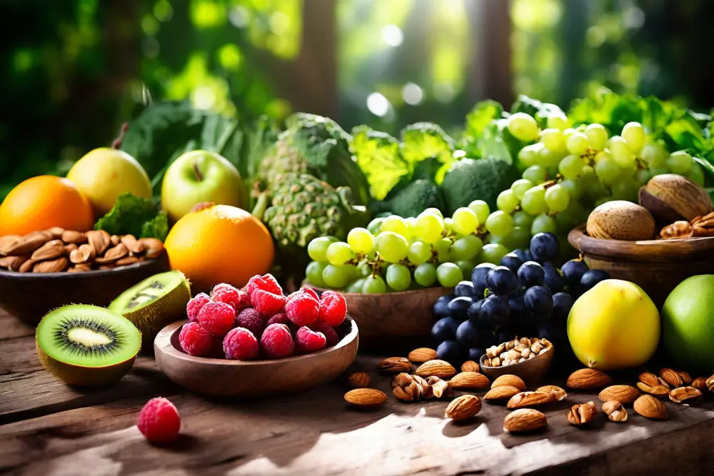 Verschiedene natürliche Lebensmittel wie Früchte, Nüsse und grünes Gemüse sind kunstvoll auf einem rustikalen Holztisch arrangiert, leuchtende Farben, frisches Aussehen, im Freien bei Sonnenlicht, fotografischer Stil, aufgenommen in einer Nahaufnahme mit einem Makro-Objektiv bei natürlichem Licht.