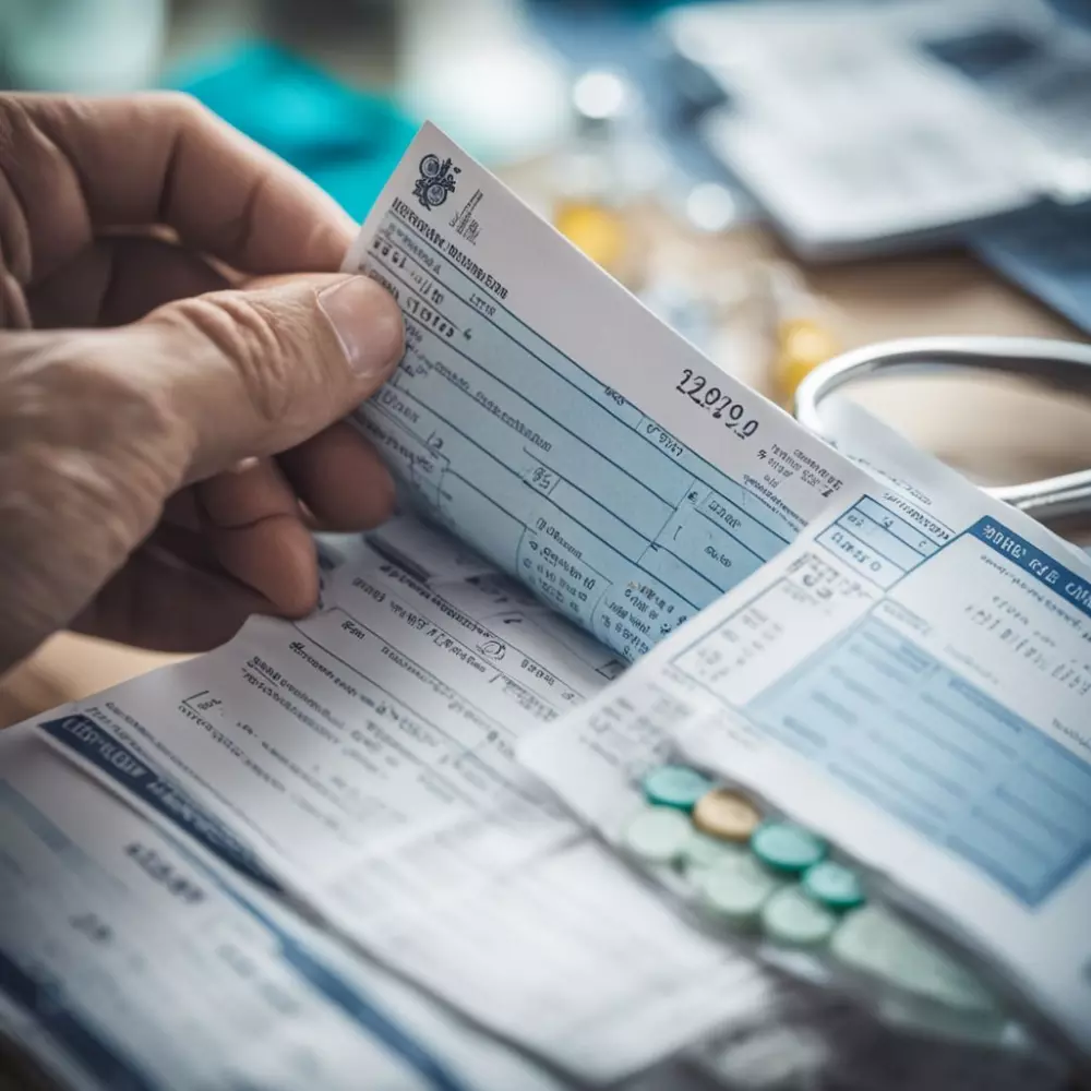 A close-up of a hand holding several medical bills, with hospital icons and figures visible, indoor with soft focus background, Photographic, Photography using a macro lens to capture fine details on the bills with high resolution and clear focus.