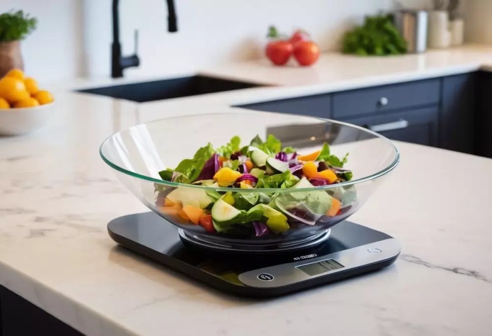 Eine elegante digitale Lebensmittelwaage mit einem bunten Salat darauf, die Kalorieninformationen anzeigt, in einer modernen Küchenumgebung, aufgenommen bei Tageslicht, in einem hochauflösenden Foto mit lebendigen Farben.