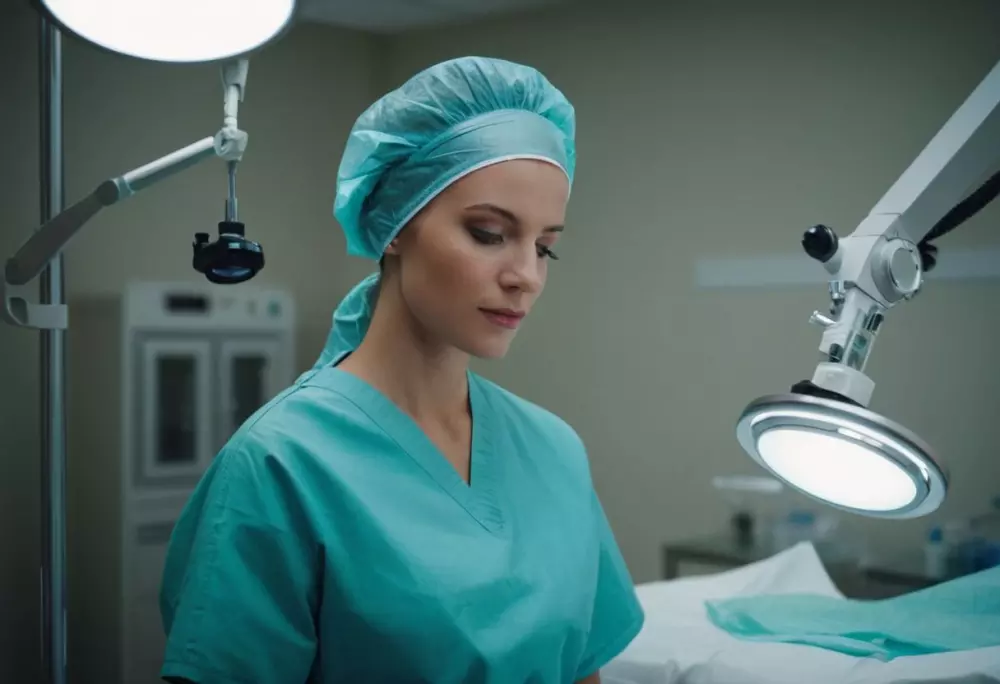 Ein ruhiges Bild eines medizinischen Fachmanns, der sich auf eine Brustvergrößerung durch Fetttransfer vorbereitet, in einem gut ausgestatteten Operationssaal, mit Fokus auf sterile Instrumente und professionelle Vorbereitung, festgehalten in einem hochdetaillierten fotografischen Stil mit klarem Licht.