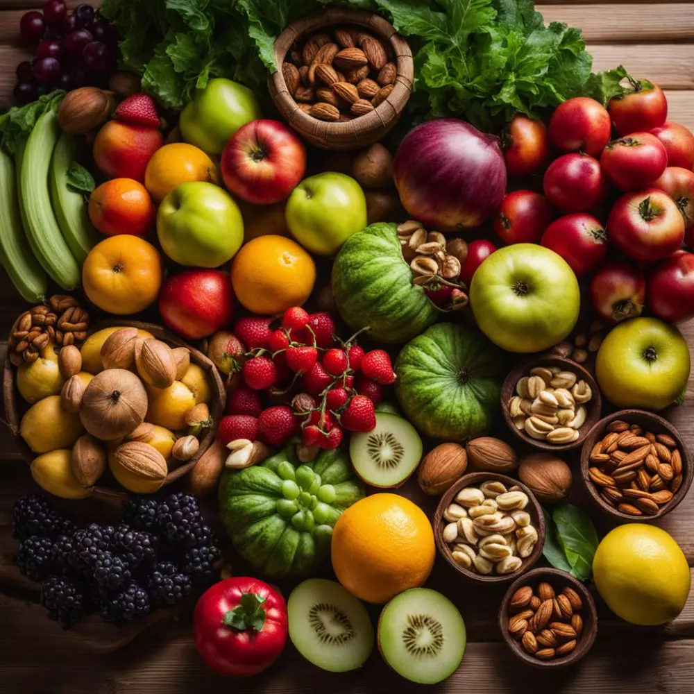 Eine bunte Darstellung von Früchten, Gemüse und Nüssen auf einem Holztisch, mit sanftem natürlichem Licht, fotografisch festgehalten in einer Nahaufnahme, um die Frische zu betonen.