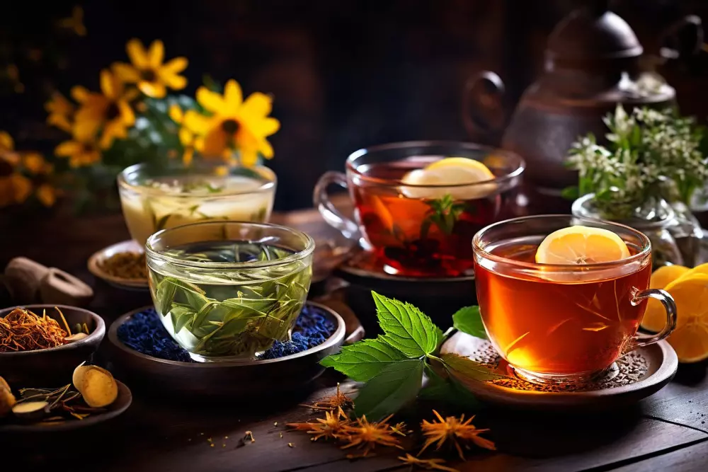 Variedad de tés de hierbas en tazas elegantes, ambiente tranquilo y cálido, fotografía de alta resolución capturando los colores y detalles de las infusiones de hierbas.