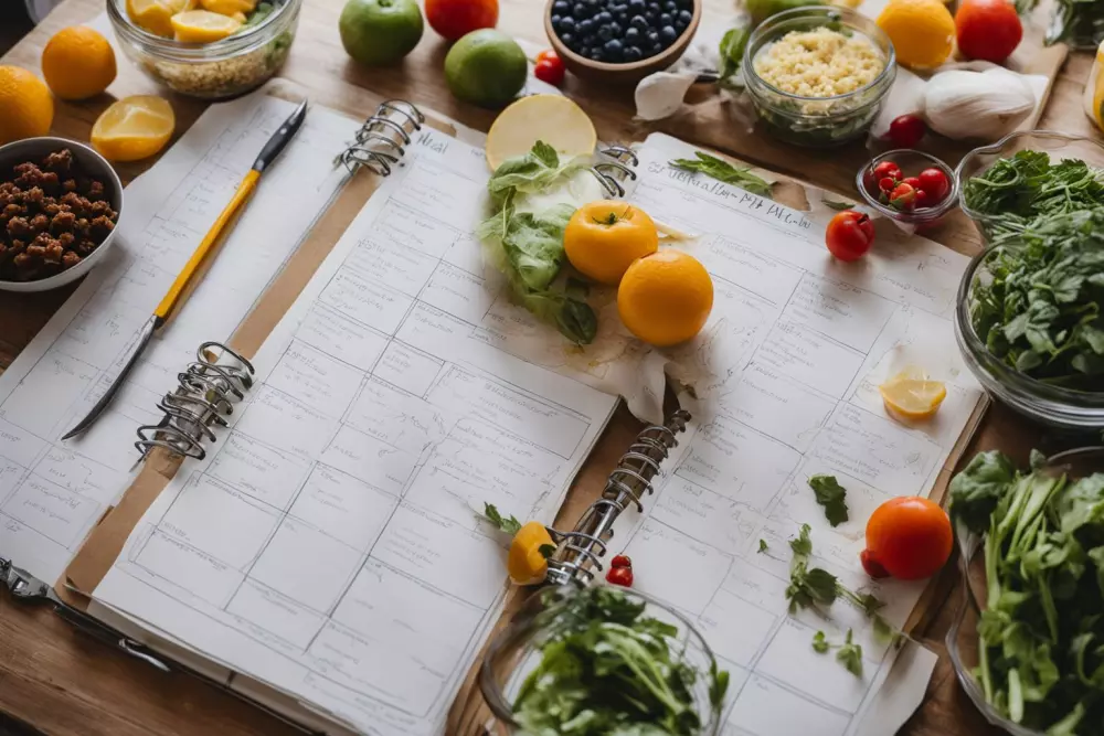 Meal planning, a weekly meal planner with healthy dishes sketched out, placed next to fresh ingredients, kitchen setting, inspiring organized eating, Photographic, Photography with a Sony A7R IV, sharp focus.
