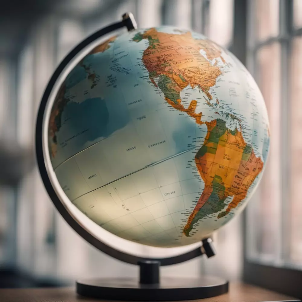 Ein einfacher Globus mit Fokus auf verschiedenen Kontinenten, der internationale Möglichkeiten symbolisiert, mit einem sanften Hintergrund, fotografisch, aufgenommen mit einem 50mm Objektiv, weichem Umgebungslicht und einem unscharfen Hintergrund.