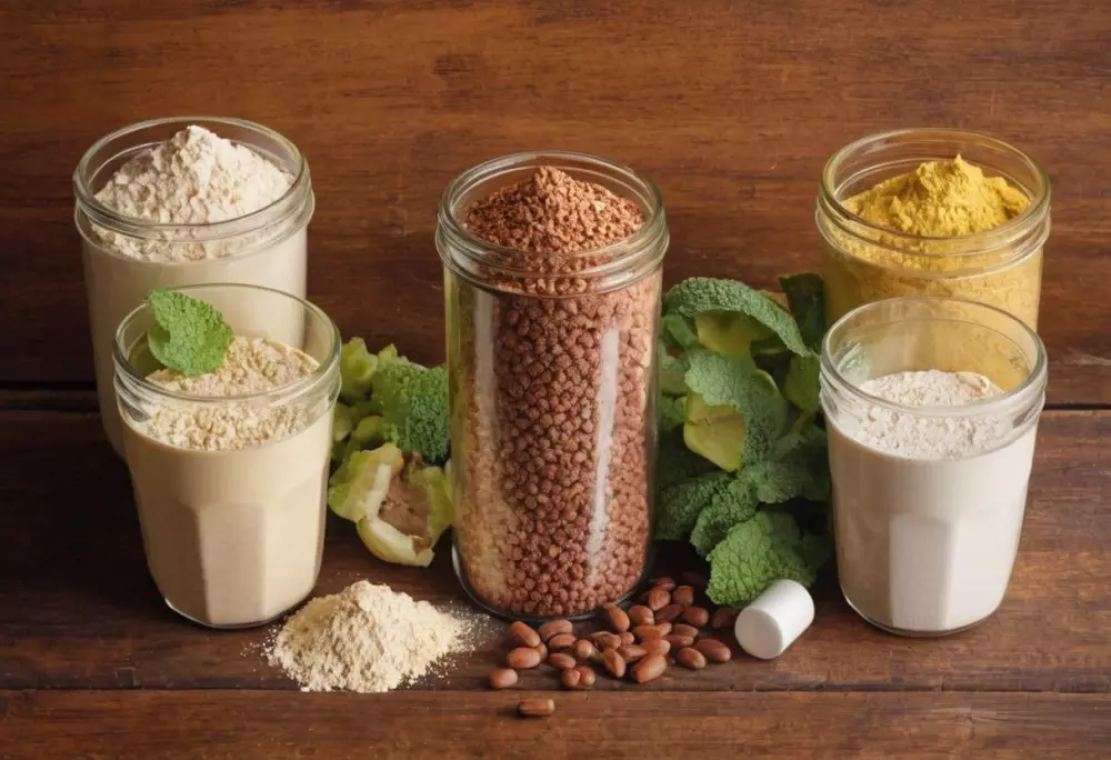 Verschiedene Zutaten für Diät-Shakes wie Proteinpulver, Ballaststoffpräparate und Kapseln mit Vitaminen und Mineralstoffen, ordentlich auf einem Holztisch arrangiert, mit sanftem natürlichem Licht, das die Szene beleuchtet, in einem hochauflösenden Fotografiestil festgehalten, der Texturen und Farben betont.