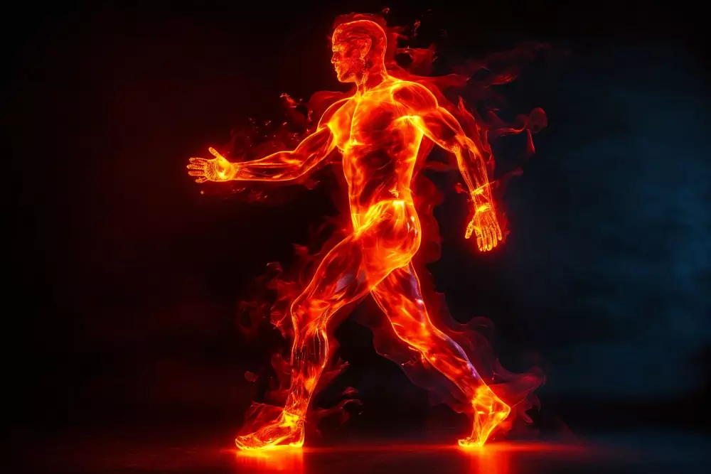 Glühende feurige Flammen innerhalb einer transparenten menschlichen Silhouette, die den Stoffwechsel in einem Körper anregen, aufgenommen in einem dunklen Studio mit lebendigen orangenen und roten Farben, Fotografie mit dramatischer Studiobeleuchtung und scharfem Fokus.