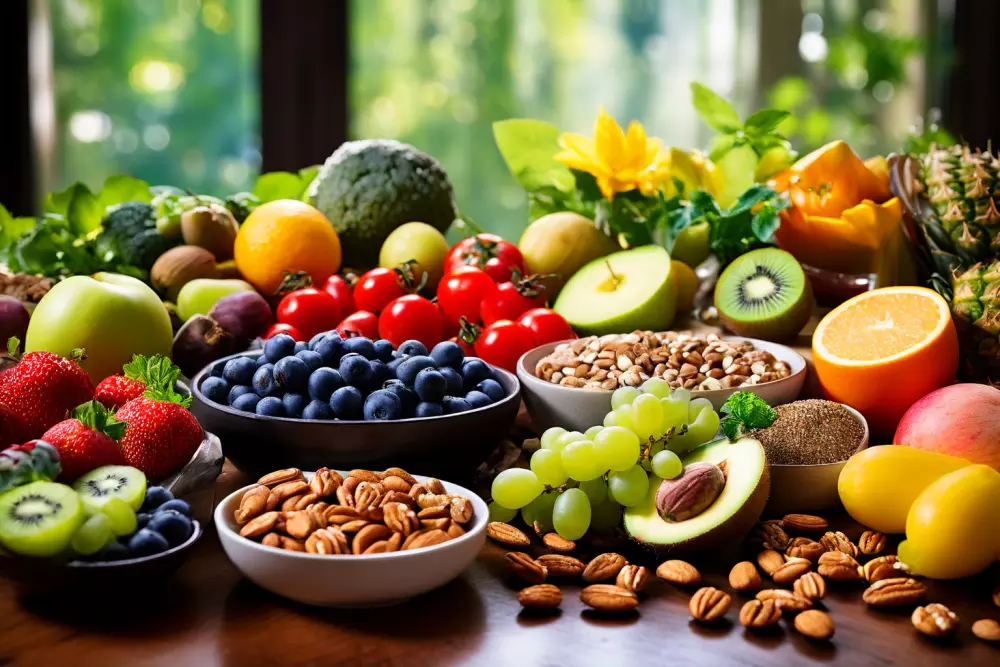 Eine Auswahl gesunder Lebensmittel wie Obst, Gemüse und Nüsse, ordentlich auf einem Tisch angeordnet, mit einem Fokus auf lebendige Farben und Frische, die gesundes Essen inspirieren. Fotografie, aufgenommen bei hellem Tageslicht mit einem Fokus auf Details.