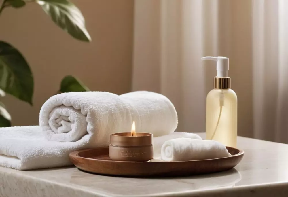 Un producto calmante para la piel junto a una toalla suave en una mesa de spa serena, insinuando cuidado post-tratamiento. Fotografía tomada con luz natural suave y enfoque nítido.
