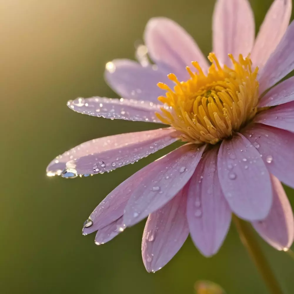 Nahaufnahme einer zarten Blume im frühen Morgenlicht, Tau auf den Blütenblättern, symbolisiert natürliche Schönheit und Zartheit, Fotografie mit Makroobjektiv und sanftem Sonnenlicht.