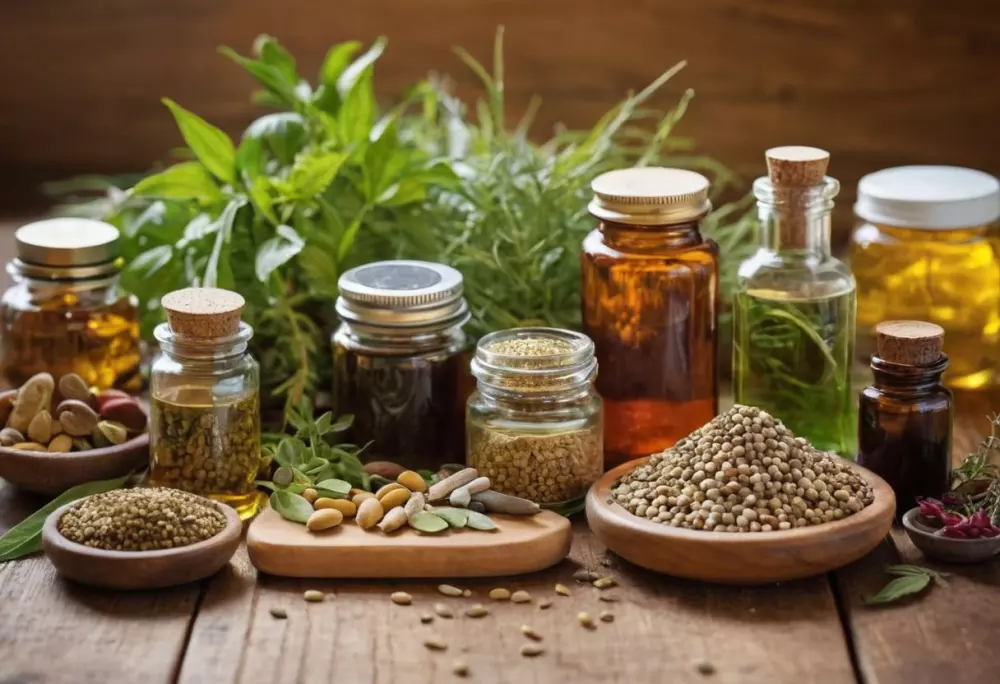 Varios suplementos naturales y hierbas dispuestos en una mesa de madera, enfocando en las texturas de los elementos naturales. Fotografía capturada con luz natural y lente macro.