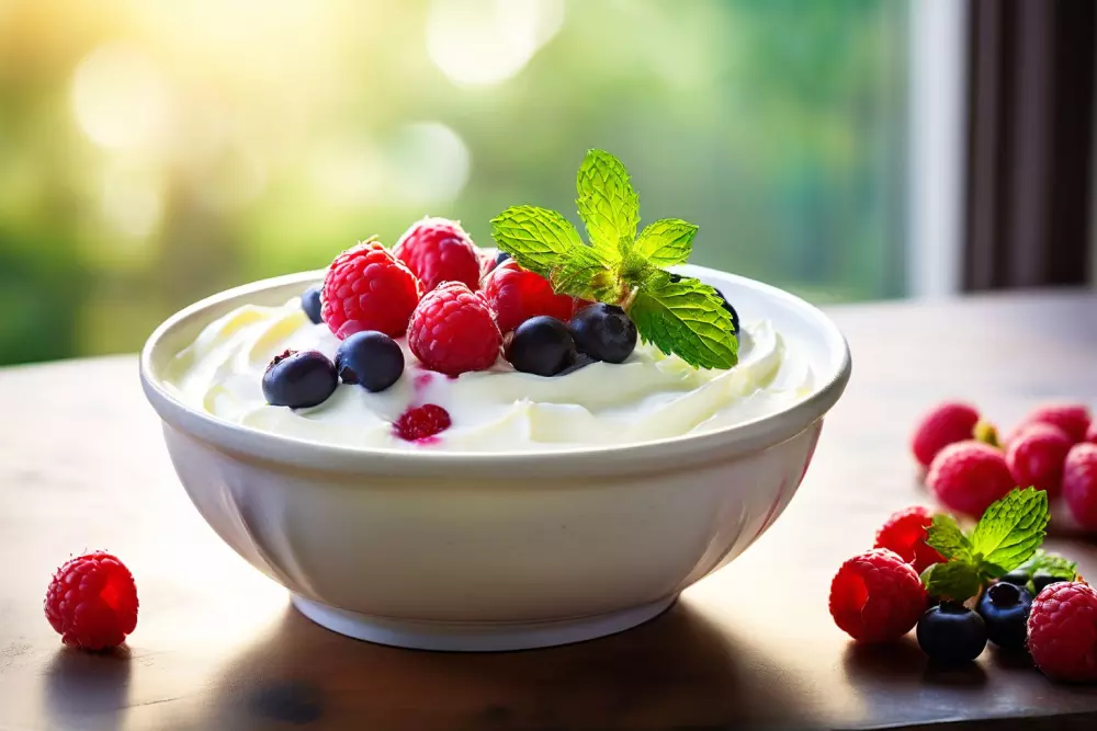 Un bol de yogur cremoso cubierto con bayas frescas y menta, sobre una mesa blanca sencilla, con la luz de la mañana proyectando un brillo suave. Fotográfico, fotografía que captura la textura cremosa del yogur y la frescura de las bayas en colores vivos.