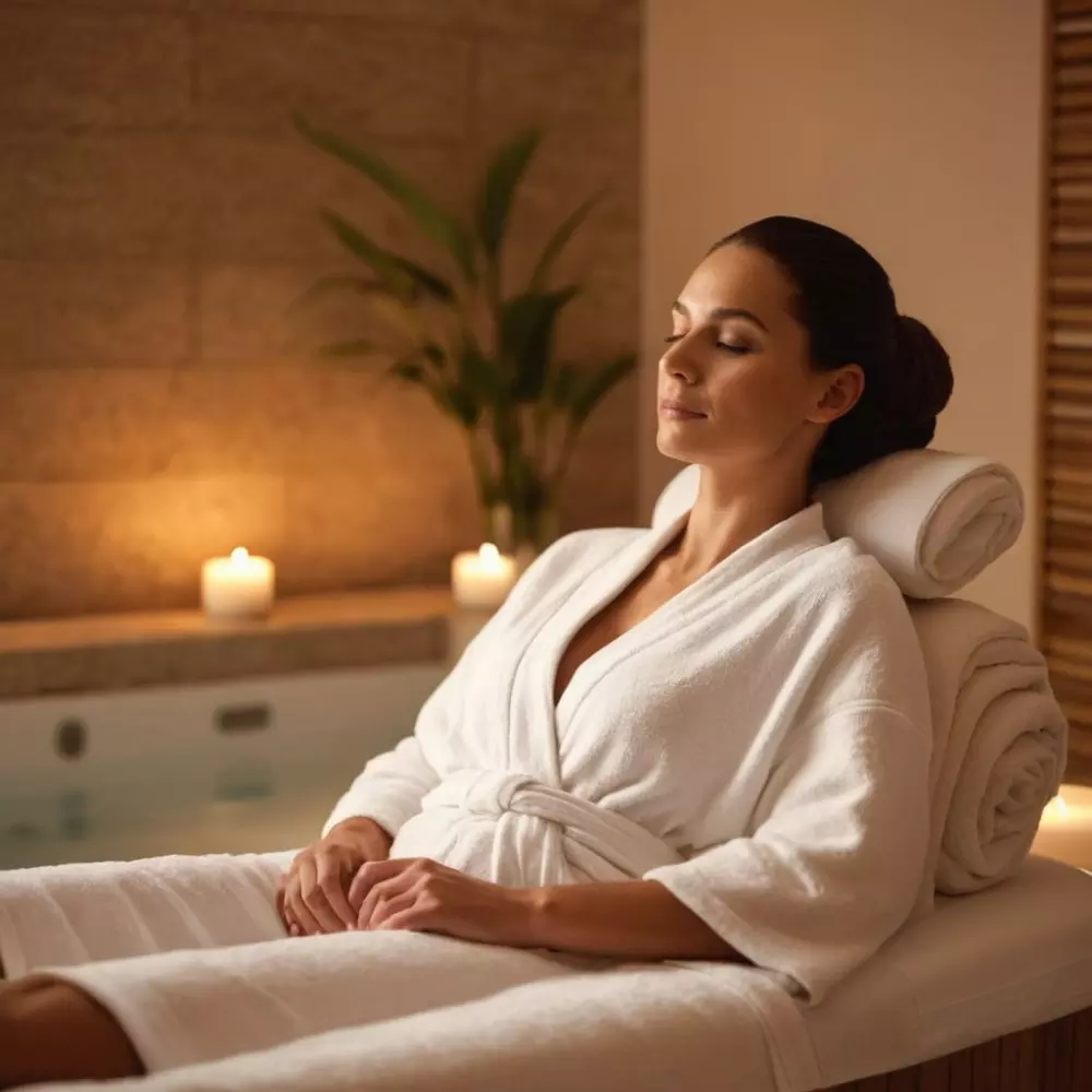 Mujer relajada disfrutando de una sesión de presoterapia en un spa moderno, enfocándose en su expresión facial de contento, en un ambiente de spa tranquilo con una iluminación ambiental relajante. Fotografía tomada con un lente de enfoque suave para capturar el ambiente sereno y terapéutico.