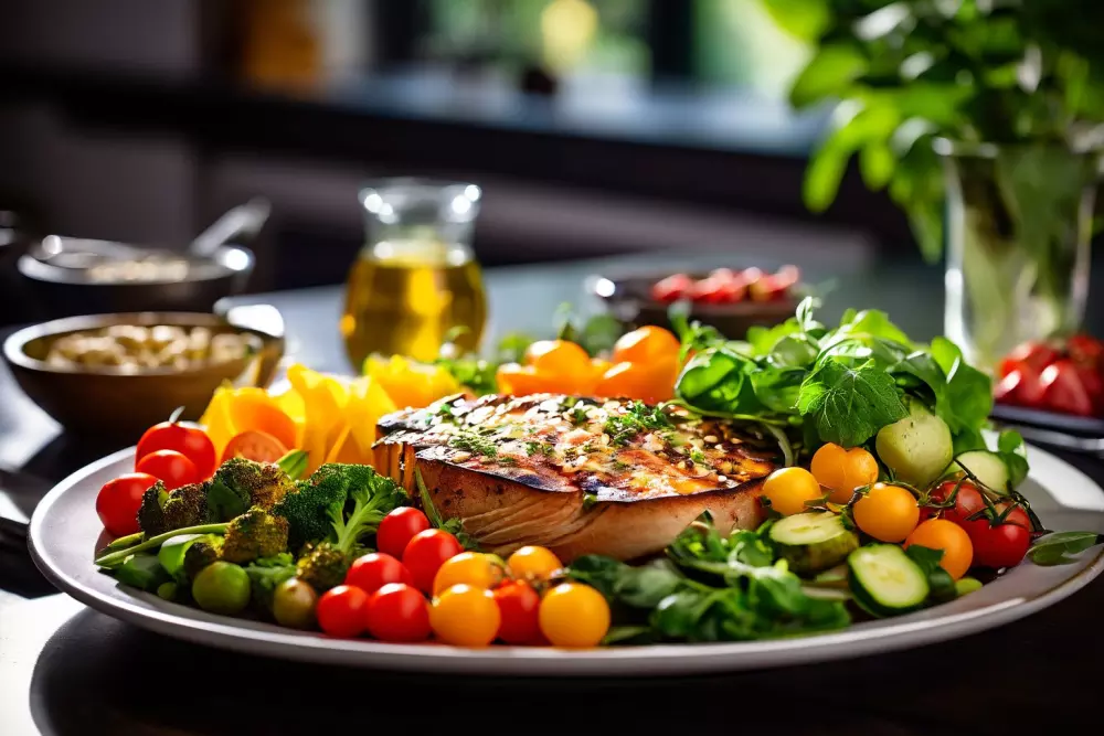 Eine ausgewogene Mahlzeit auf einem Teller nach dem Training, bestehend aus Kohlenhydraten, Proteinen und Gemüse, in einer hellen, gesunden Umgebung. Fotografie mit einem Makro-Objektiv, um die Frische und Farben in einer Küchenumgebung zu präsentieren.
