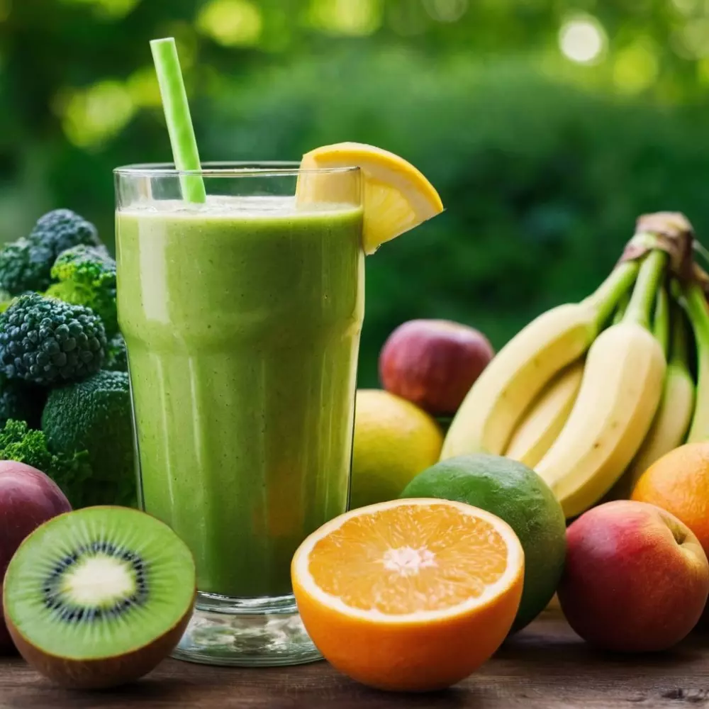Frischer grüner Smoothie umgeben von entgiftenden Früchten und Gemüse, natürliches Tageslicht, fotografischer Stil umgesetzt mit klaren Details.