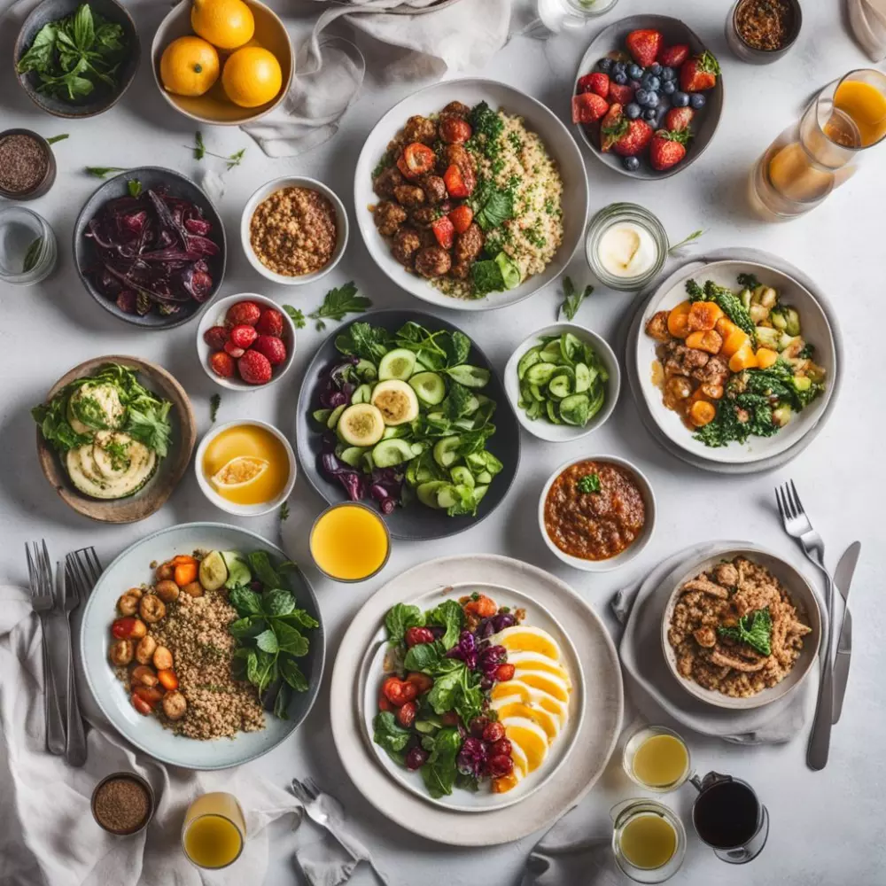 Eine ordentliche Anordnung verschiedener gesunder Mahlzeiten, die auf einem langen Tisch verteilt sind und verschiedene intermittierende Fastenmethoden repräsentieren, in einer hellen Umgebung mit natürlichem Licht. Fotografie mit einem Weitwinkelobjektiv und Einstellungen für hohe Auflösung.