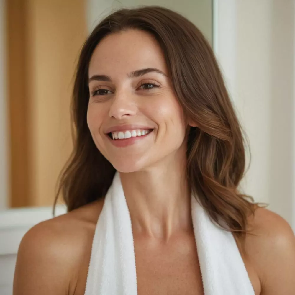 Una mujer sonriendo con satisfacción mientras examina su piel en un espejo, en un entorno de spa luminoso y aireado. Fotografía detallada que captura la expresión alegre y la textura clara de la piel, enfatizando la luz natural y una atmósfera fresca.